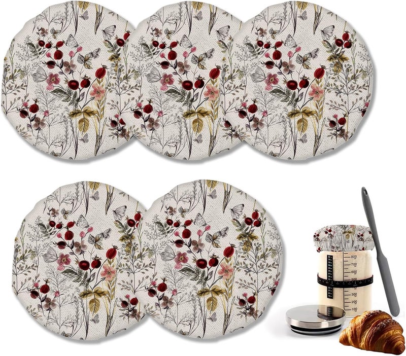 IGPPDO Vintage Flower 5- Pack Cloth Covers for Sourdough Starter Jar, Butterfly Cloth Covers Reusable Lid Top Proofing Bread Fermentation Baking Supplies for 3-4 Inch Jar Mouth - Image 1